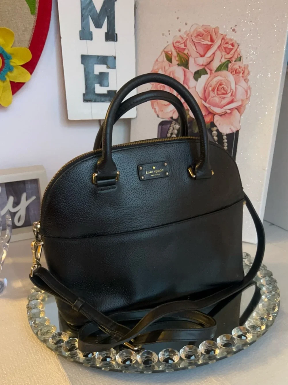 kate spade black leather dome satchel with gold hardware
